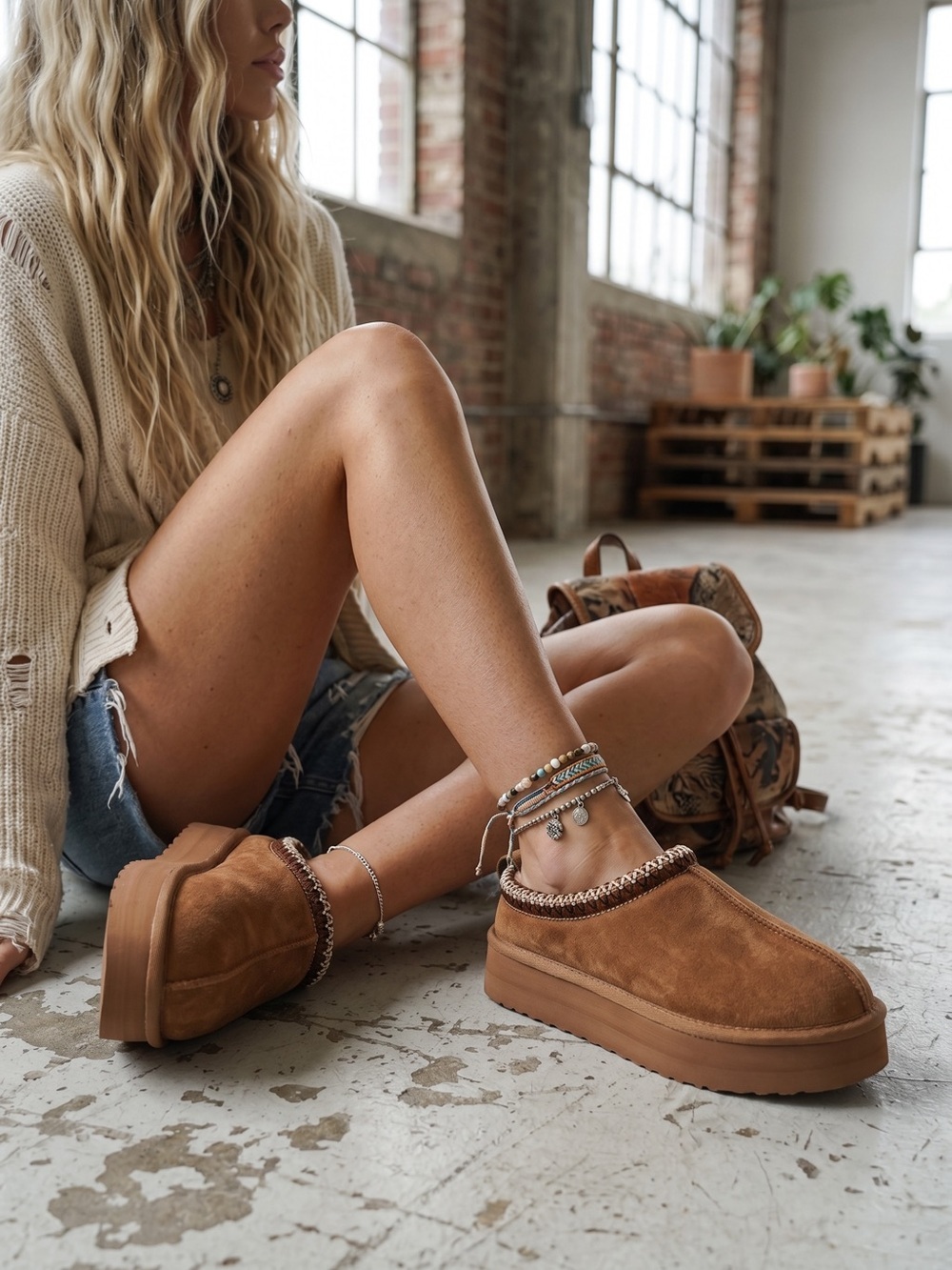 NIB Brand New Very G Charlie Platform Vegan Suede Fur Slippers Slides Tan Shoes